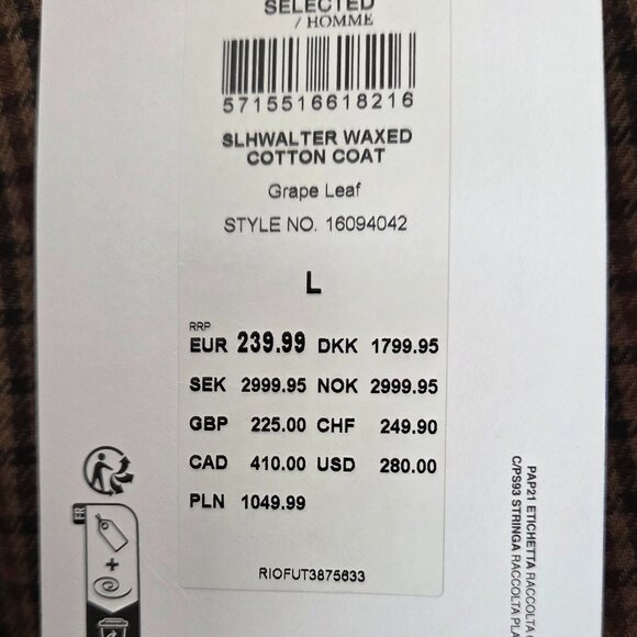 Selected Homme Olive Green Wax Coat (Brand New w Tags) - Sz L- fabulous & Rare - Picture 6 of 12